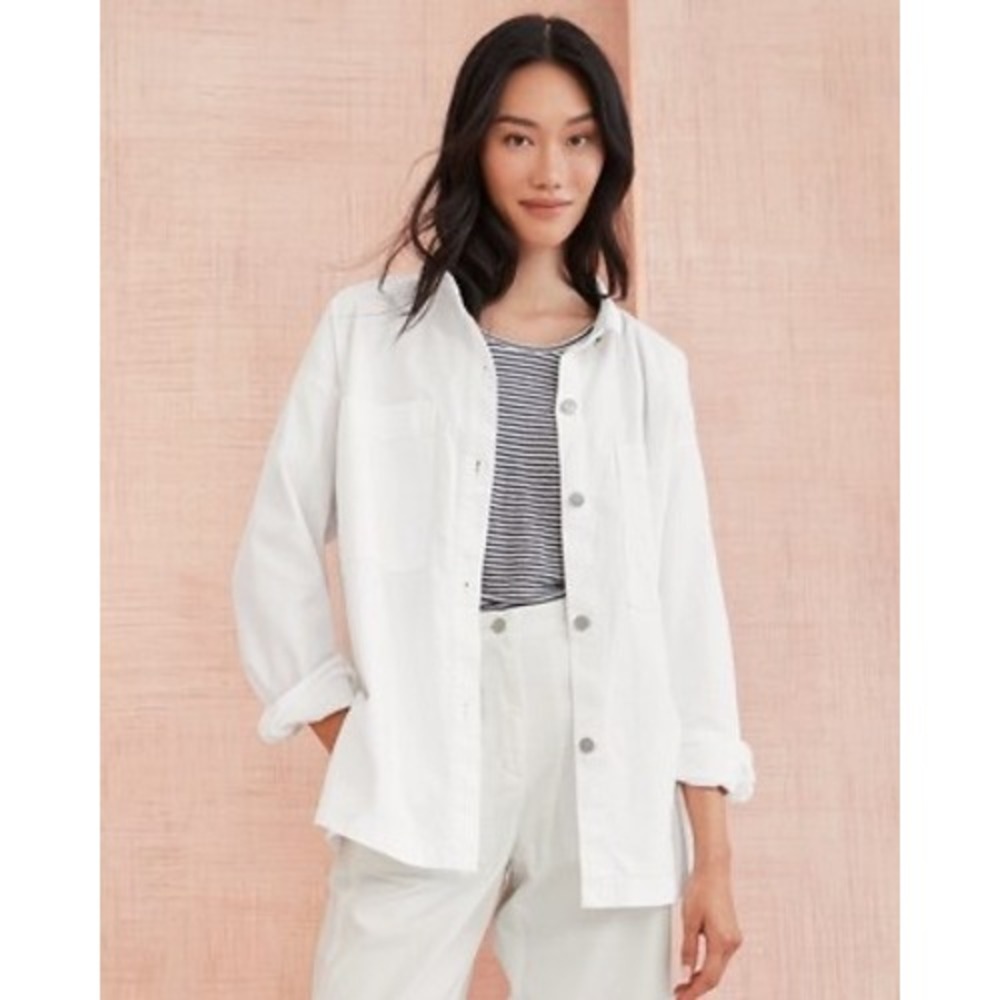 Eileen Fisher White Organic Cotton Hemp Stretch Shirt Jacket XL Oversized